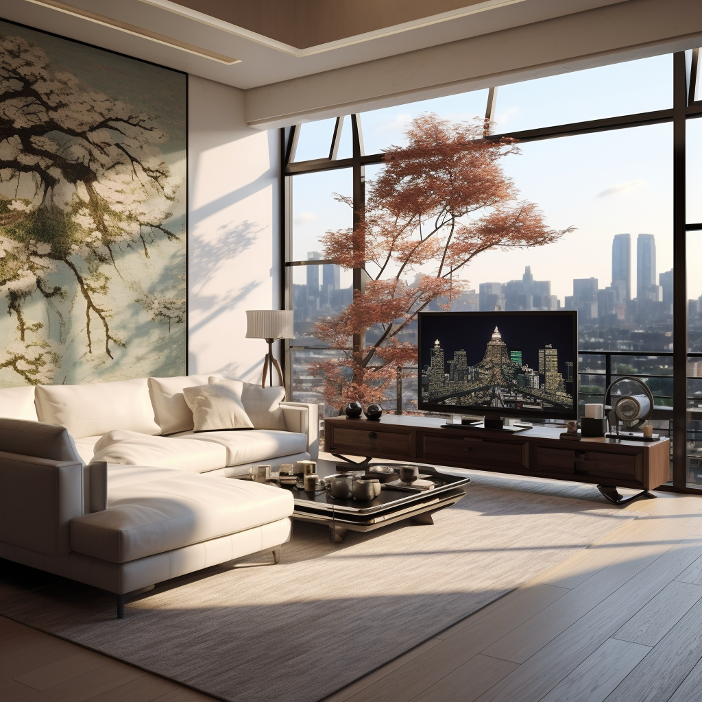 Modern Chinese living room with sofa, TV, and city view