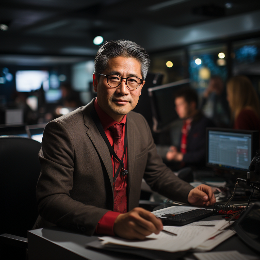 Chinese male broadcaster delivering news in BBC studio