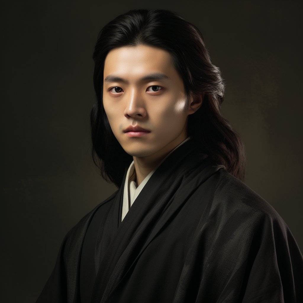 Chinese man in black robe with long hair