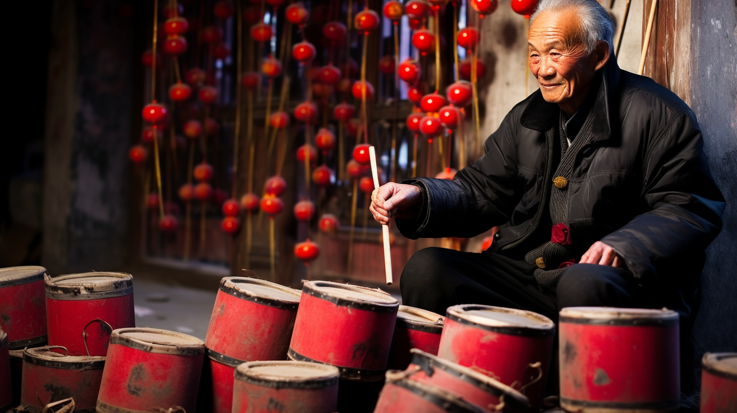 Chinese man distributing drums and firecrackers