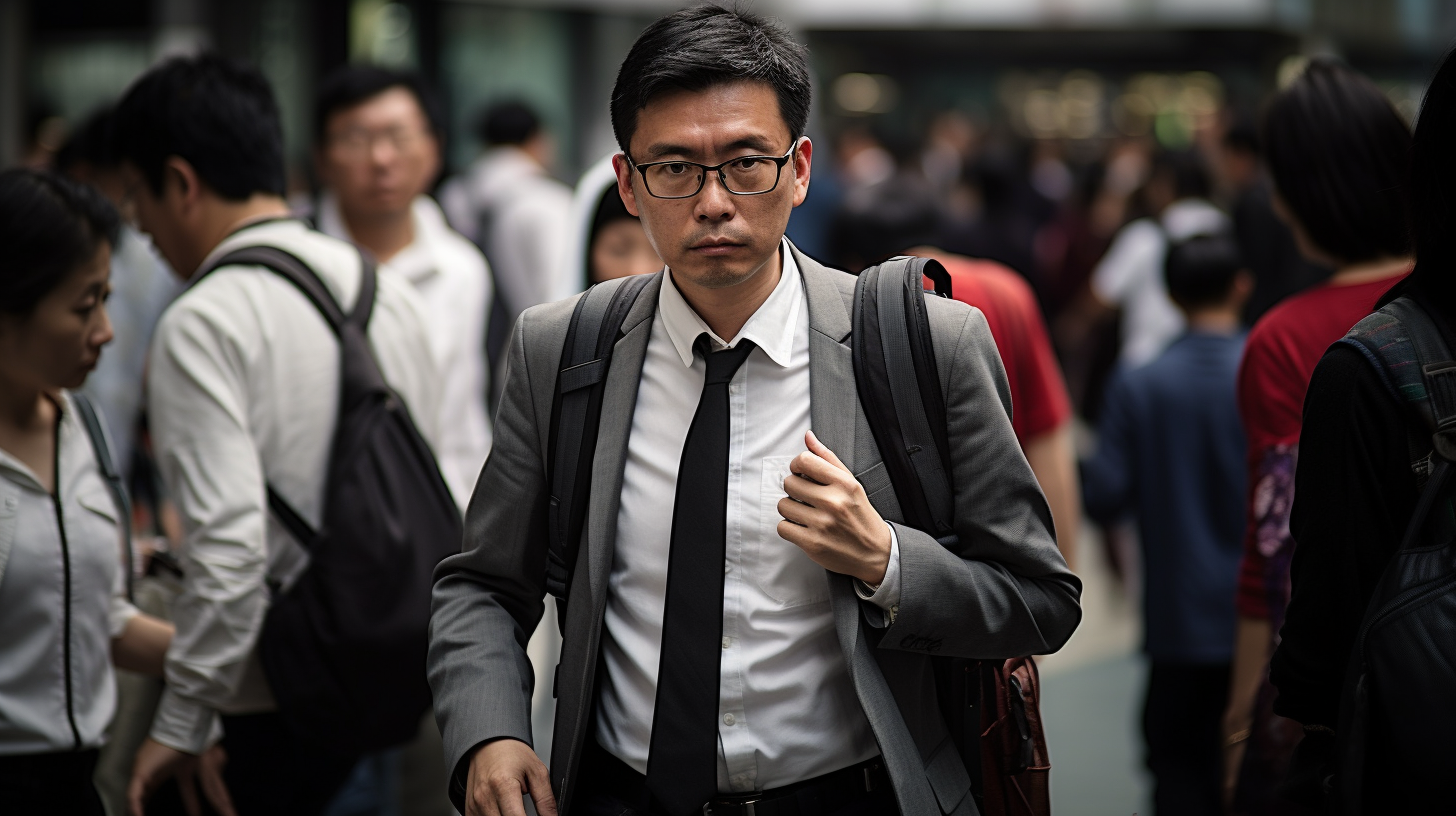 Anxious Chinese man in work attire looking at watch