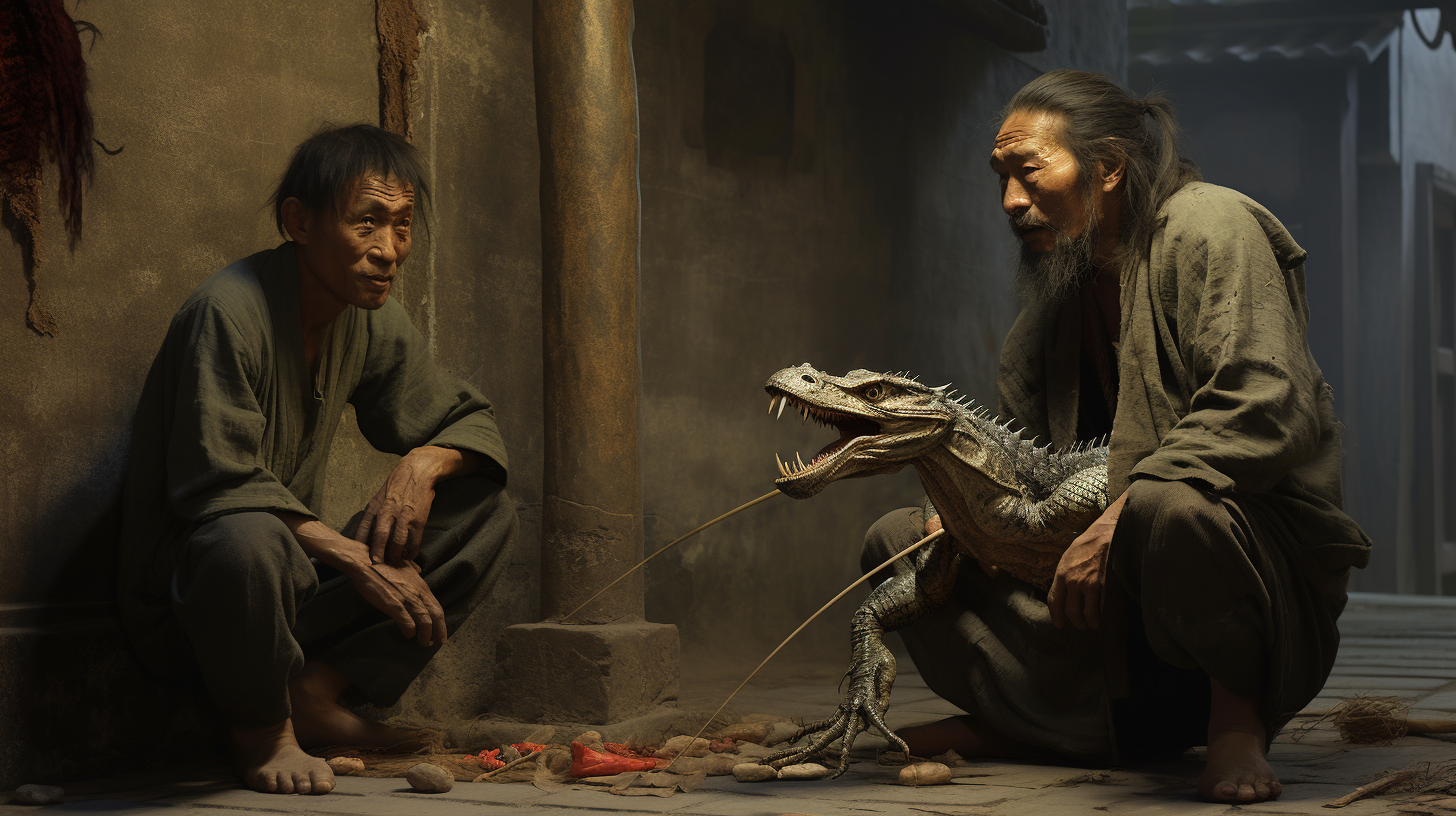 Chinese men stealing lizard-like creature in ancient village