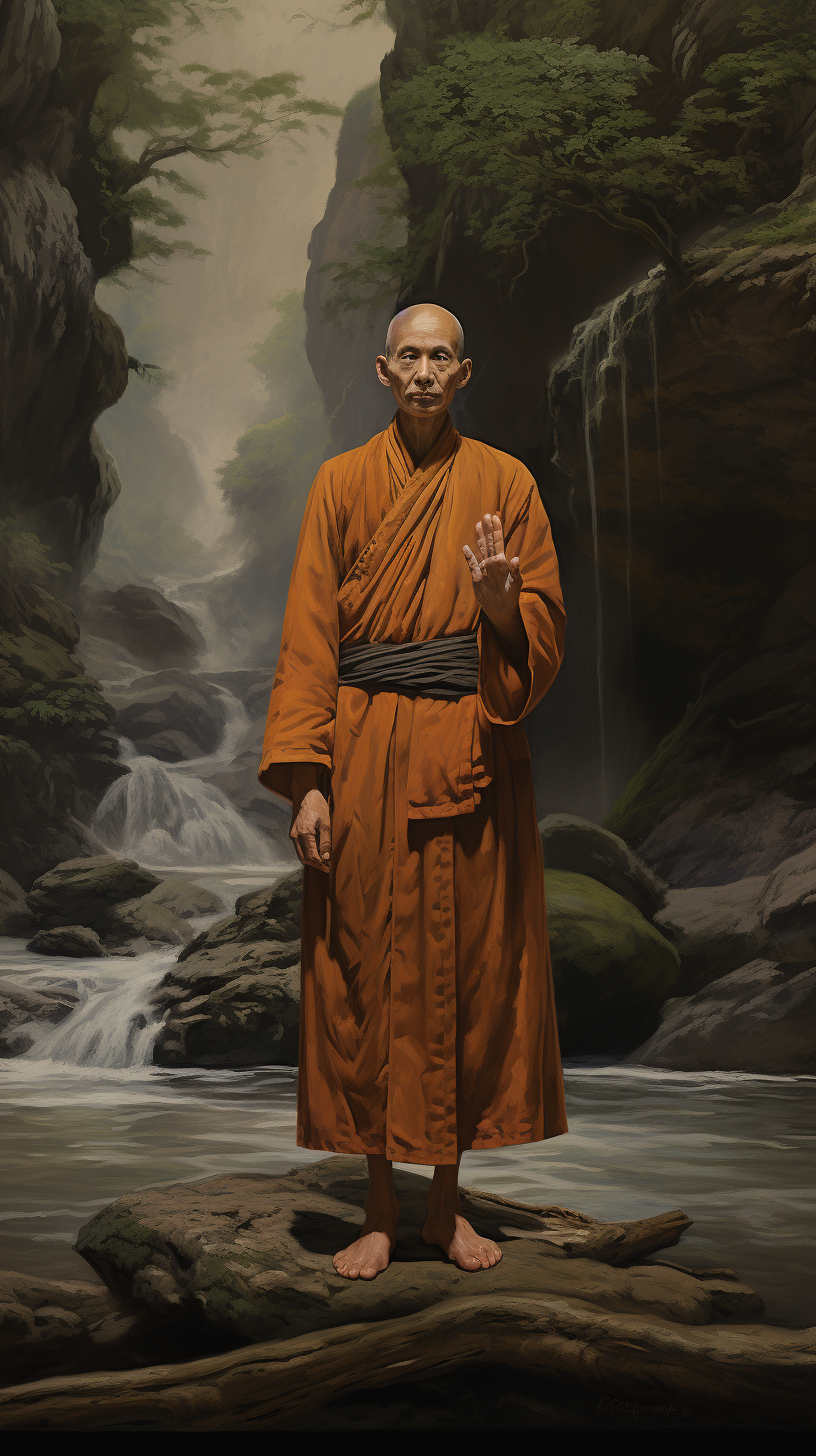 Chinese monk standing in mountain stream