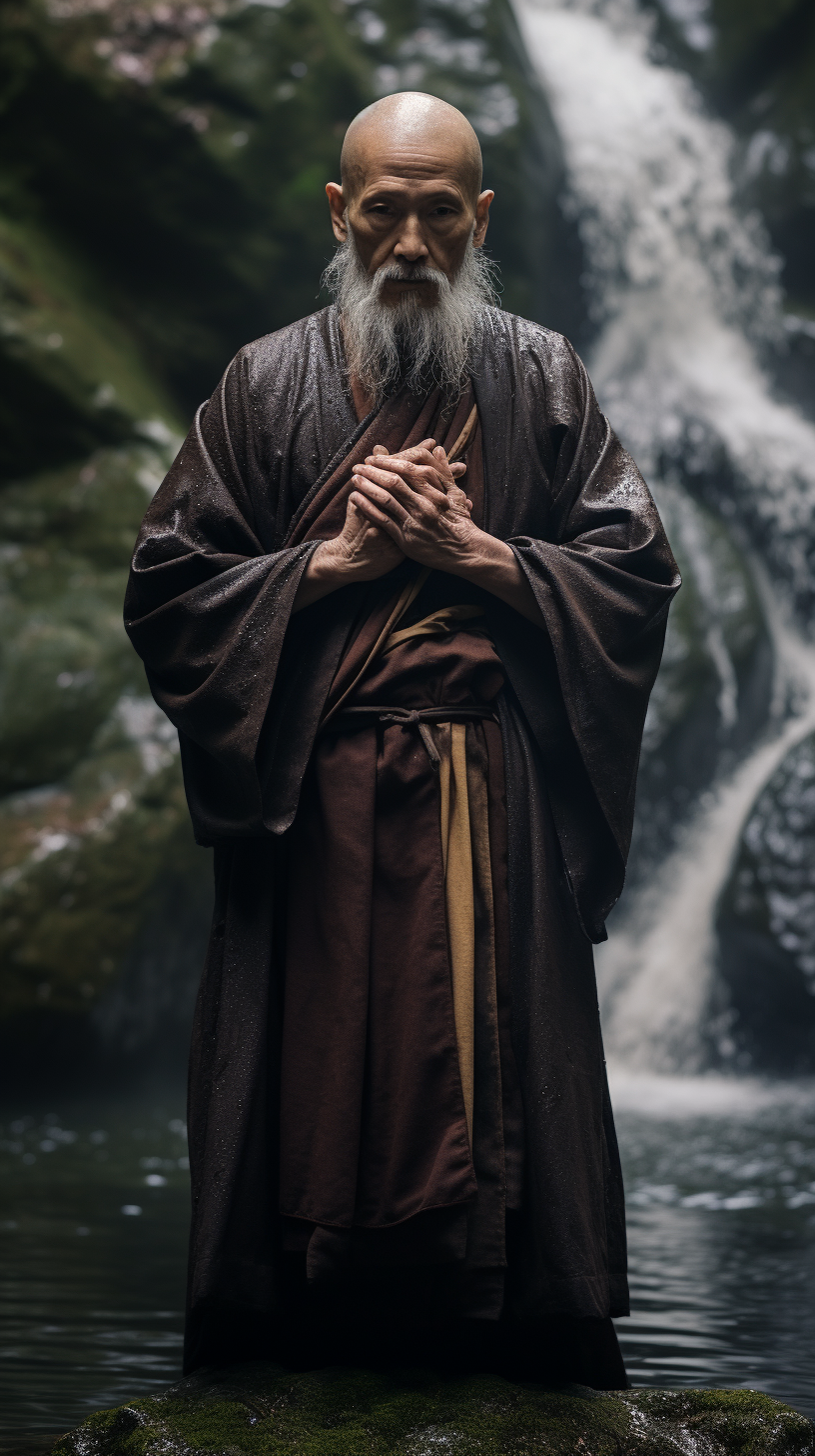 Serene Chinese Monk in Mountain Stream