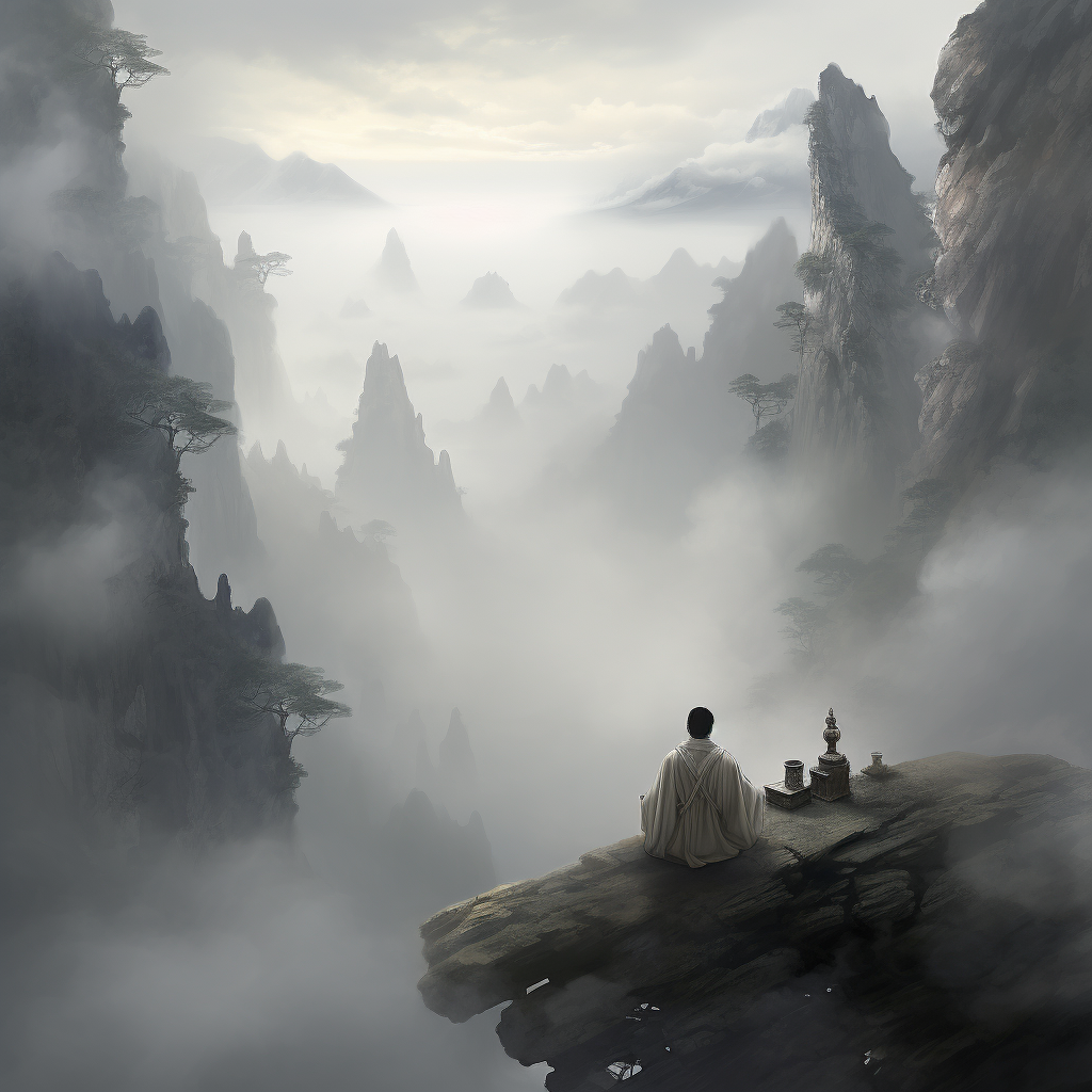 Ethereal Chinese mountains with a solitary figure and wine cup