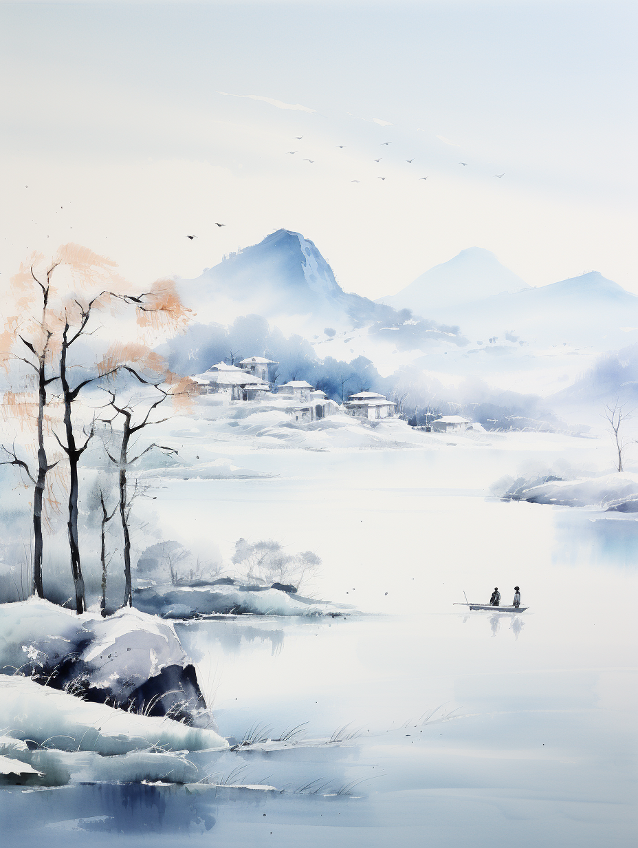 Lone boat fishing in snowy Chinese river