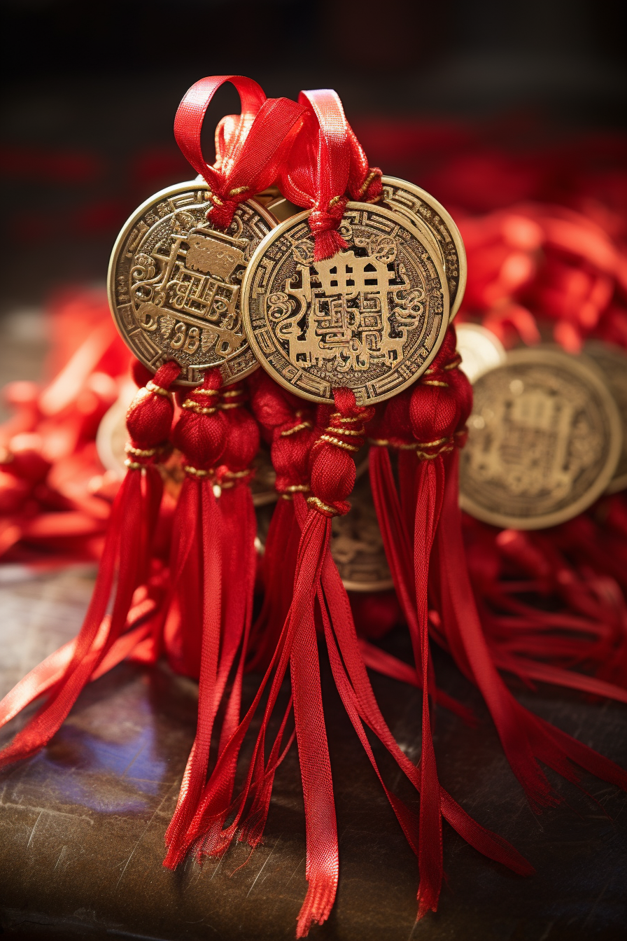 Traditional Chinese Feng Shui Coins with Red Ribbon