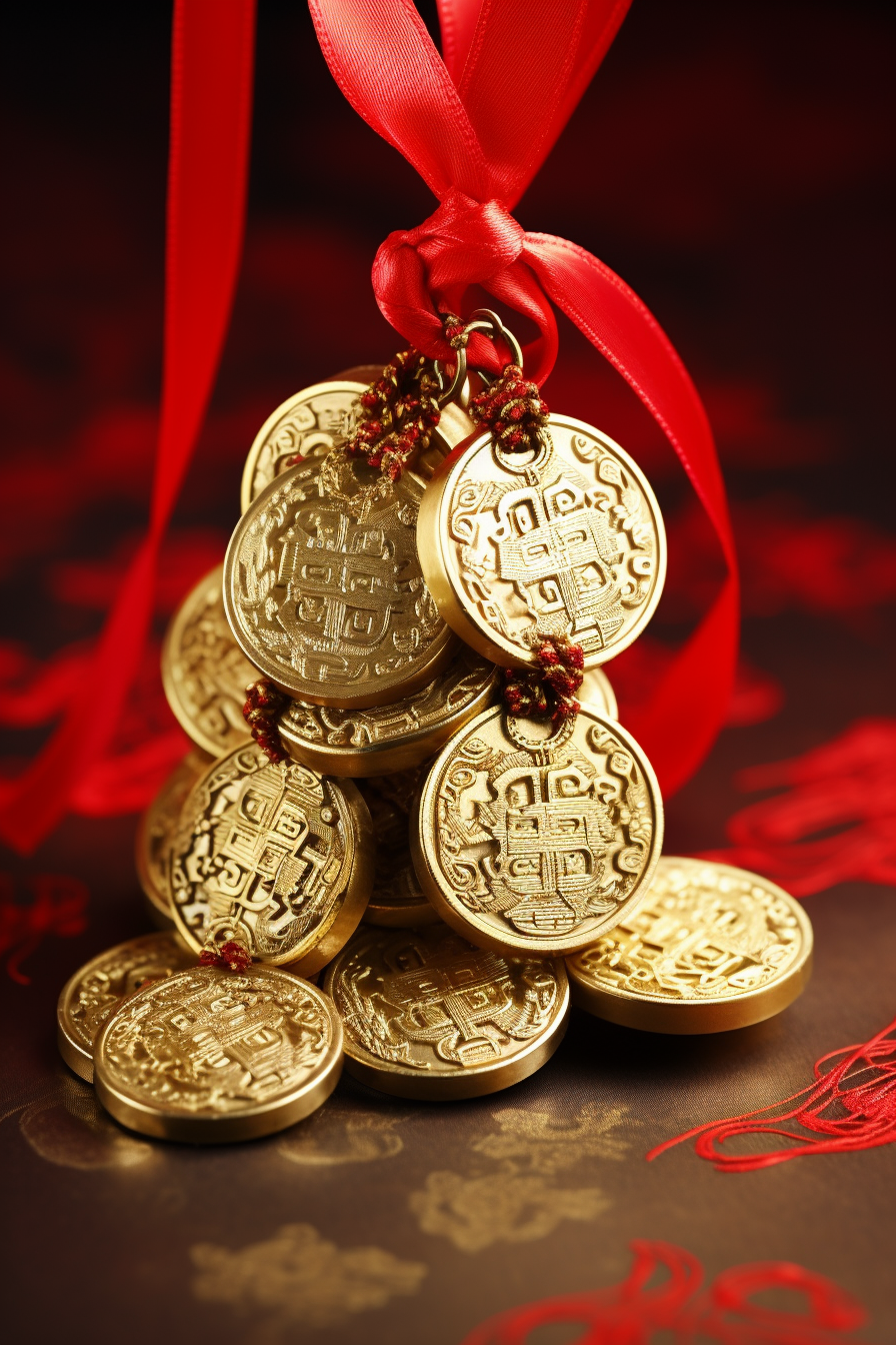 Chinese pierced gold coins with red ribbon