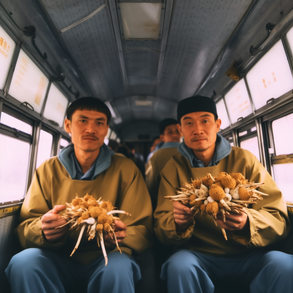 Chinese runners with cordyceps mushrooms in 90s bus