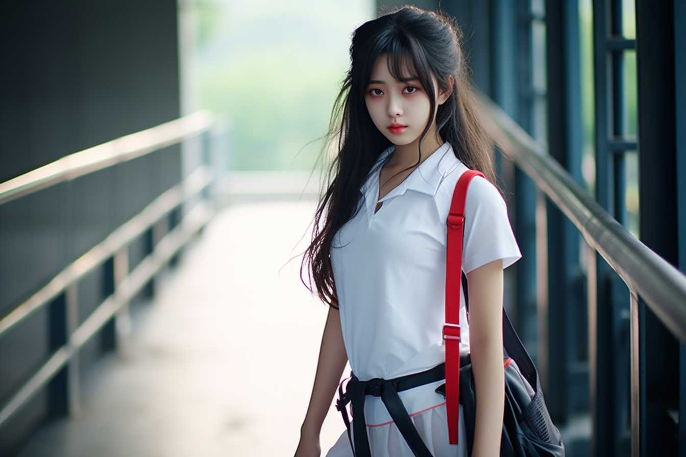 Adorable Chinese school girl wearing long pants and t-shirts