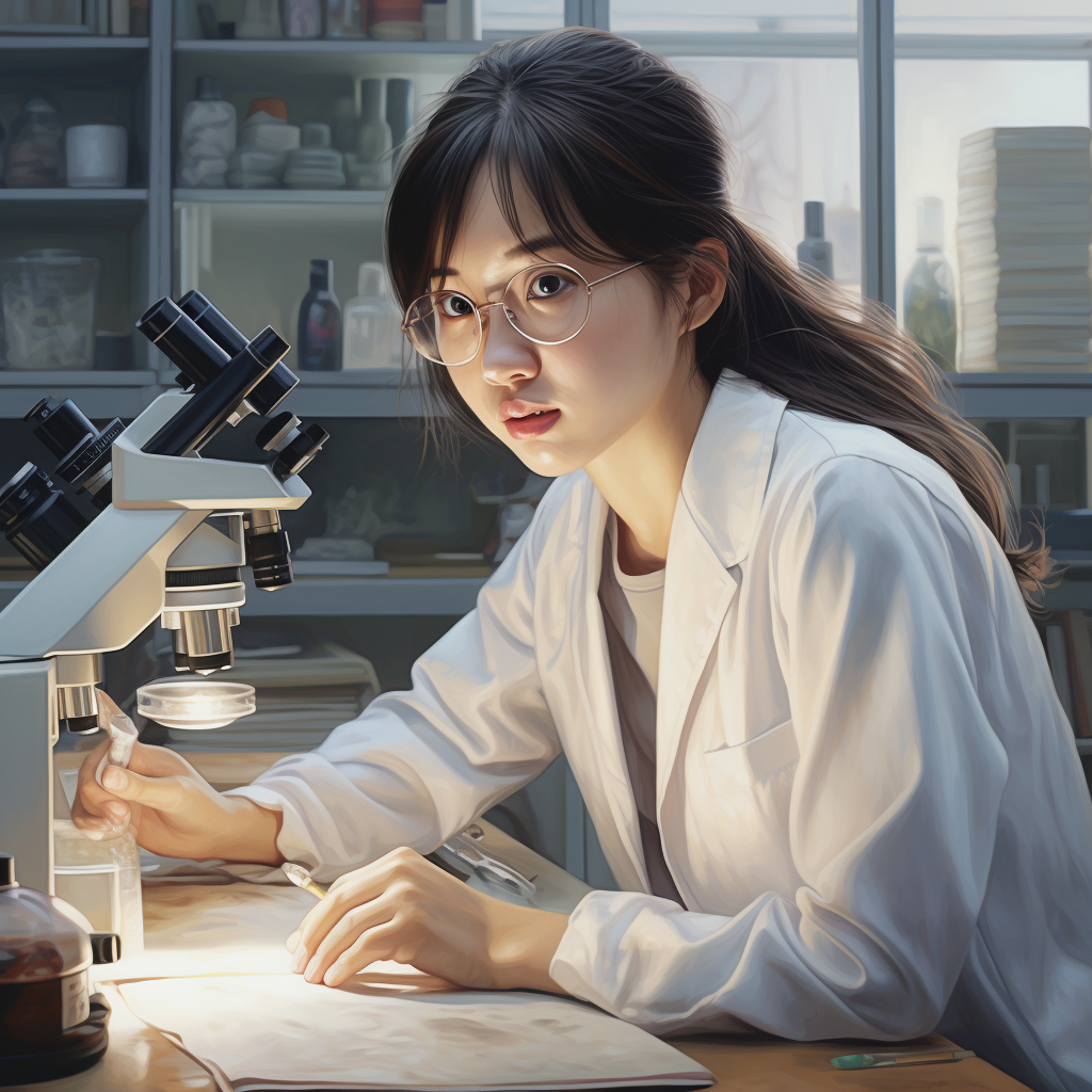 Scientific girl using microscope in laboratory