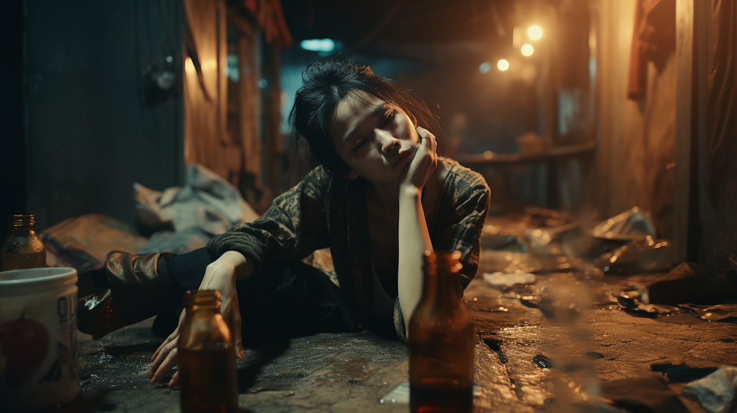 Sad Chinese Woman Drinking Beer