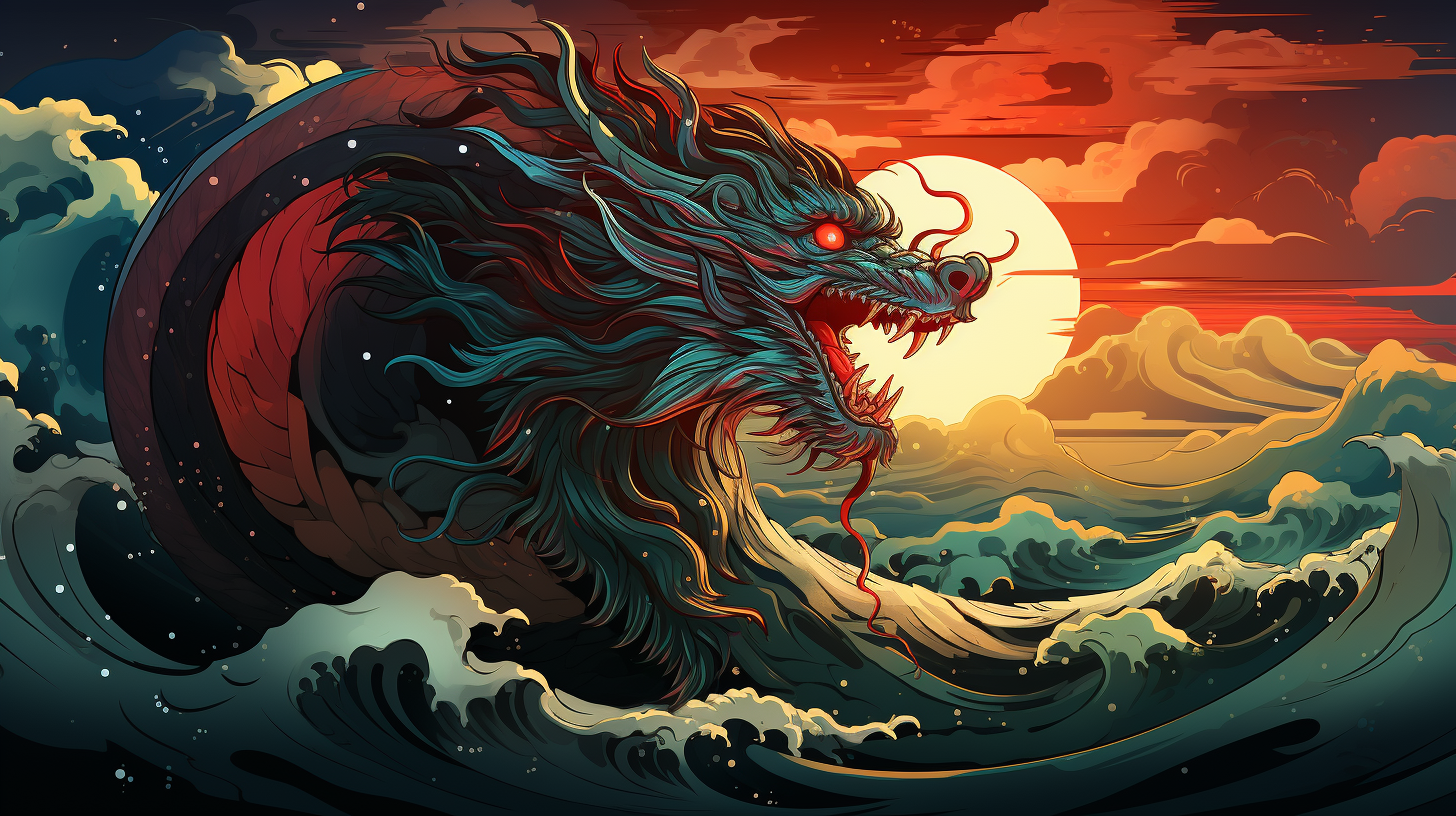 Chinese-style dragon flying over calm sea