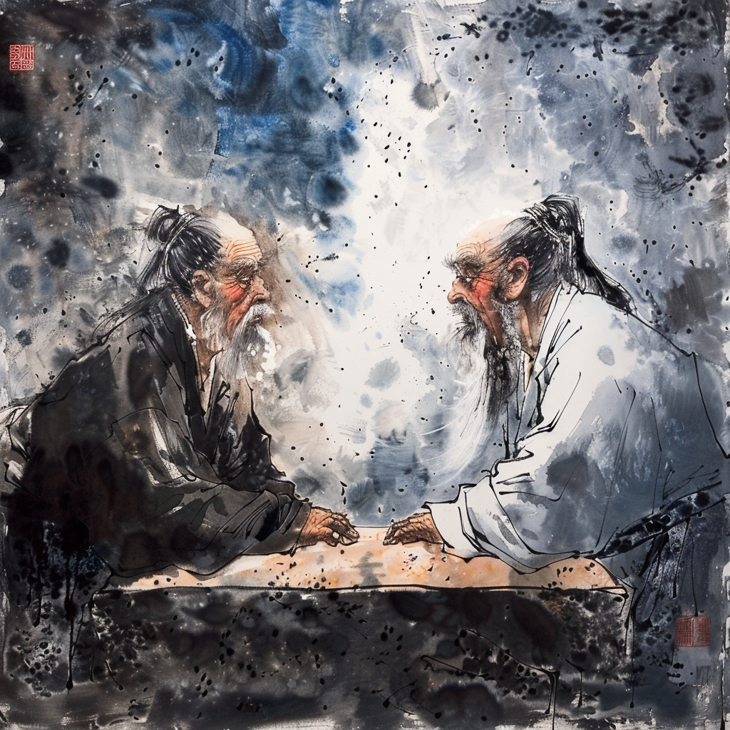 Chinese painting of ZhuangZi vs Confucius