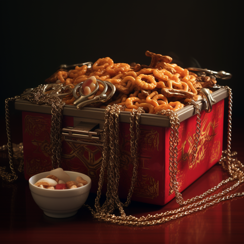 Shiny jewelry and chains in Chinese takeaway carton