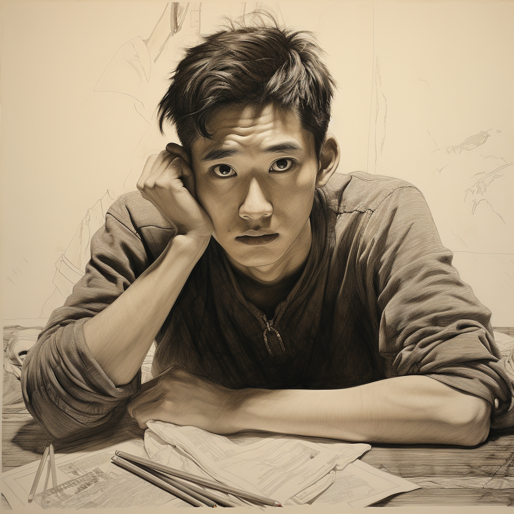 Chinese teenager with pensive sketch expression