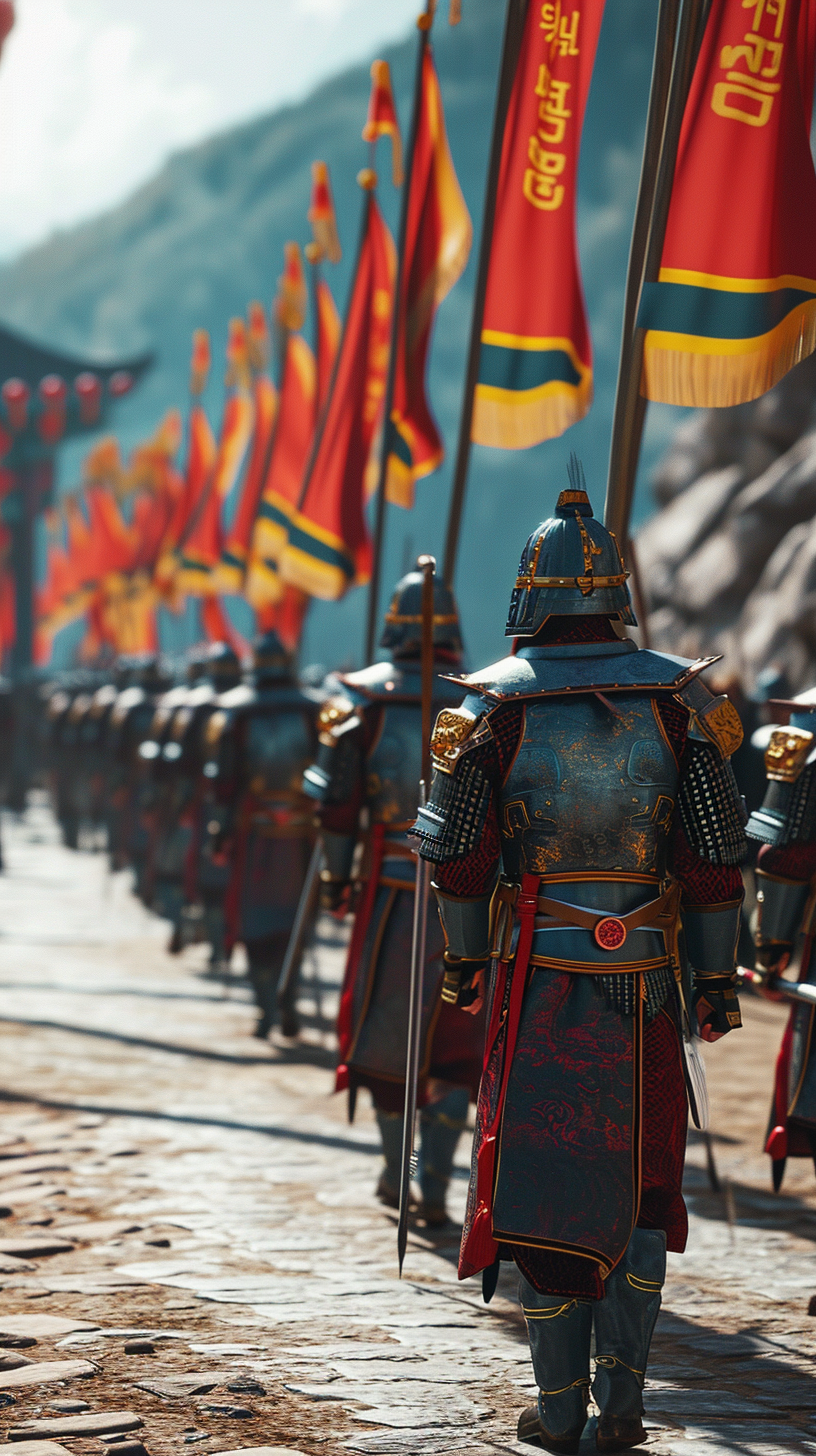 Chinese troops marching in traditional armor with flags