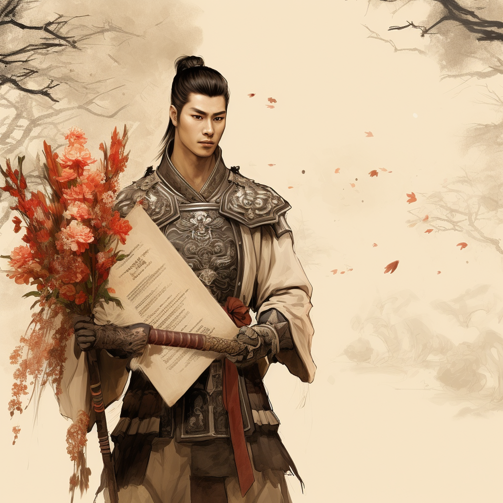 Chinese warrior with flower bouquets artwork