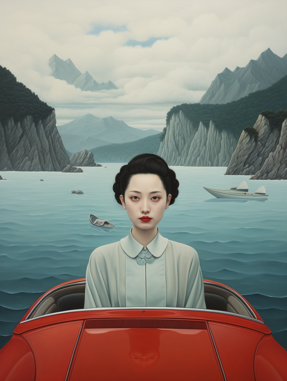 Chinese woman in car on boat with scenic background