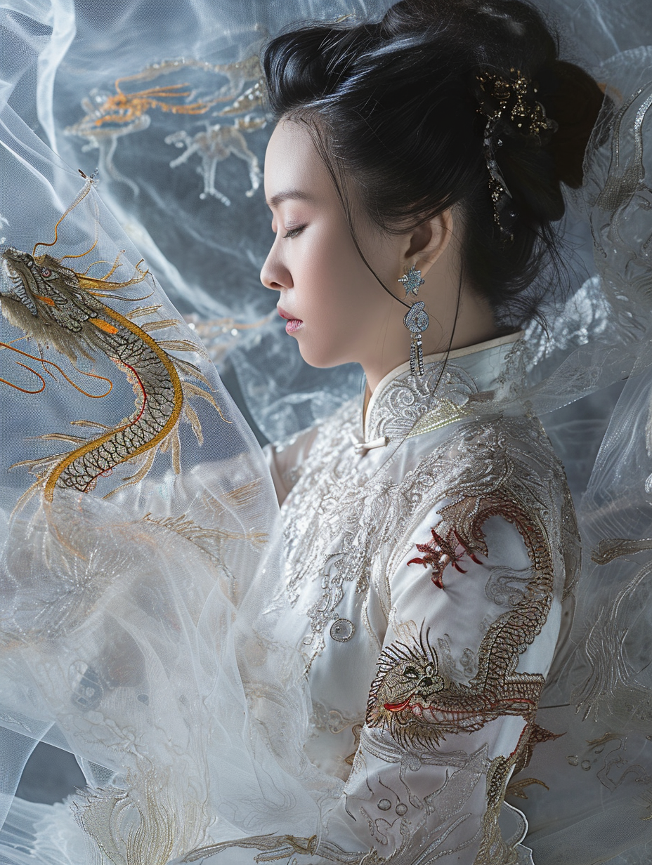 Woman in Chinese Dragon Embroidered Dress