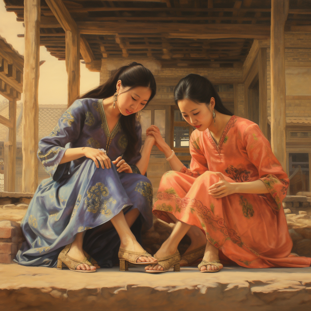 Chinese women practicing foot yoga