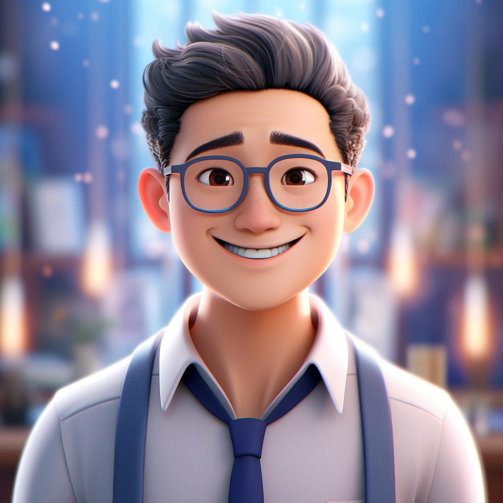 Chinese young man in Pixar style, smiling