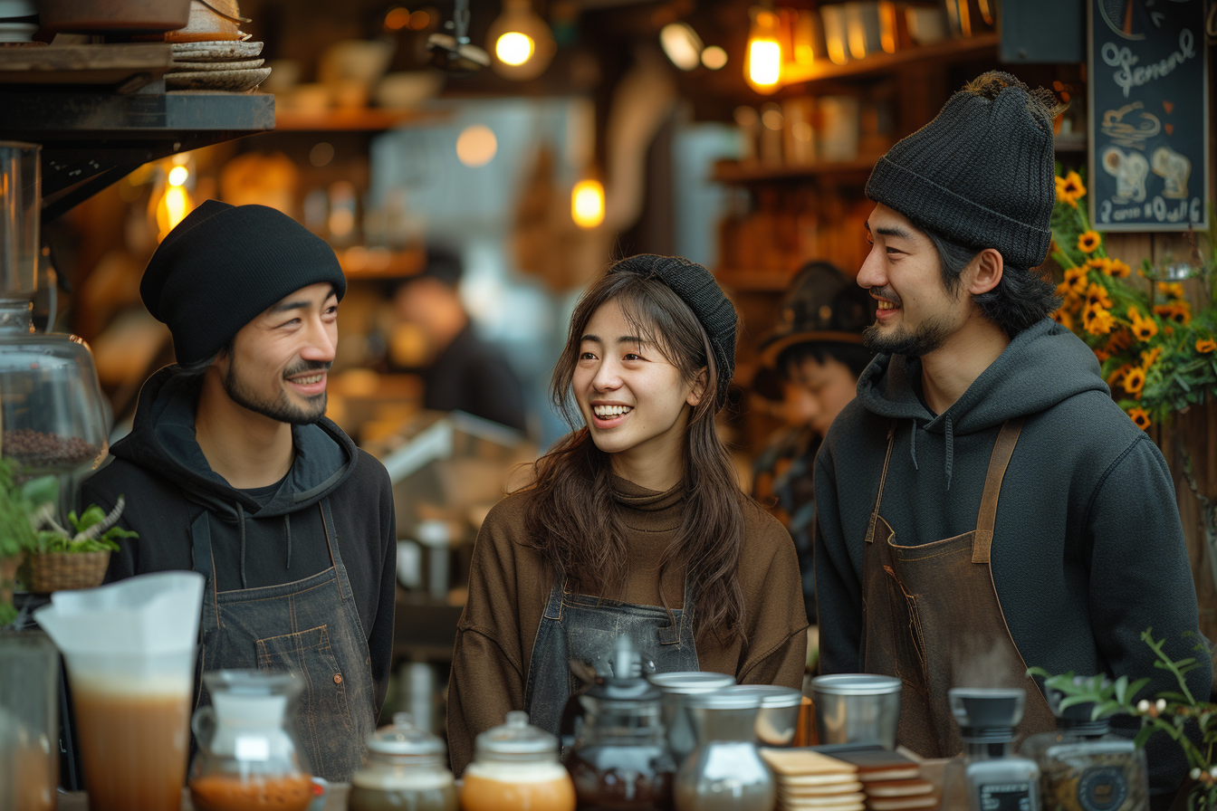 Chinese baristas conversation coffee aprons duckbill caps