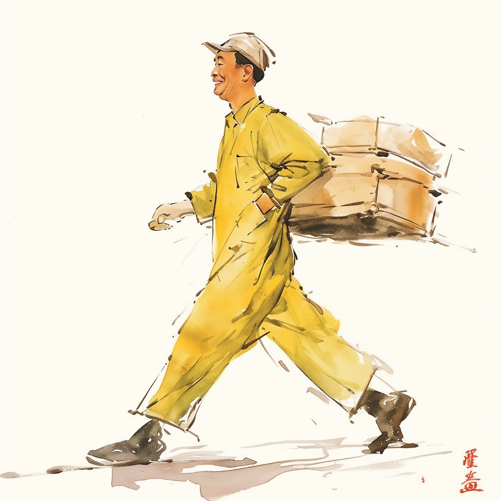 Smiling Chinese deliveryman in yellow uniform