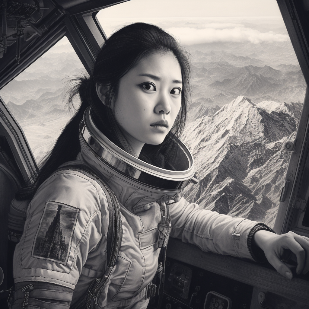 Female Chinese astronaut observing Malaysia in pencil sketch