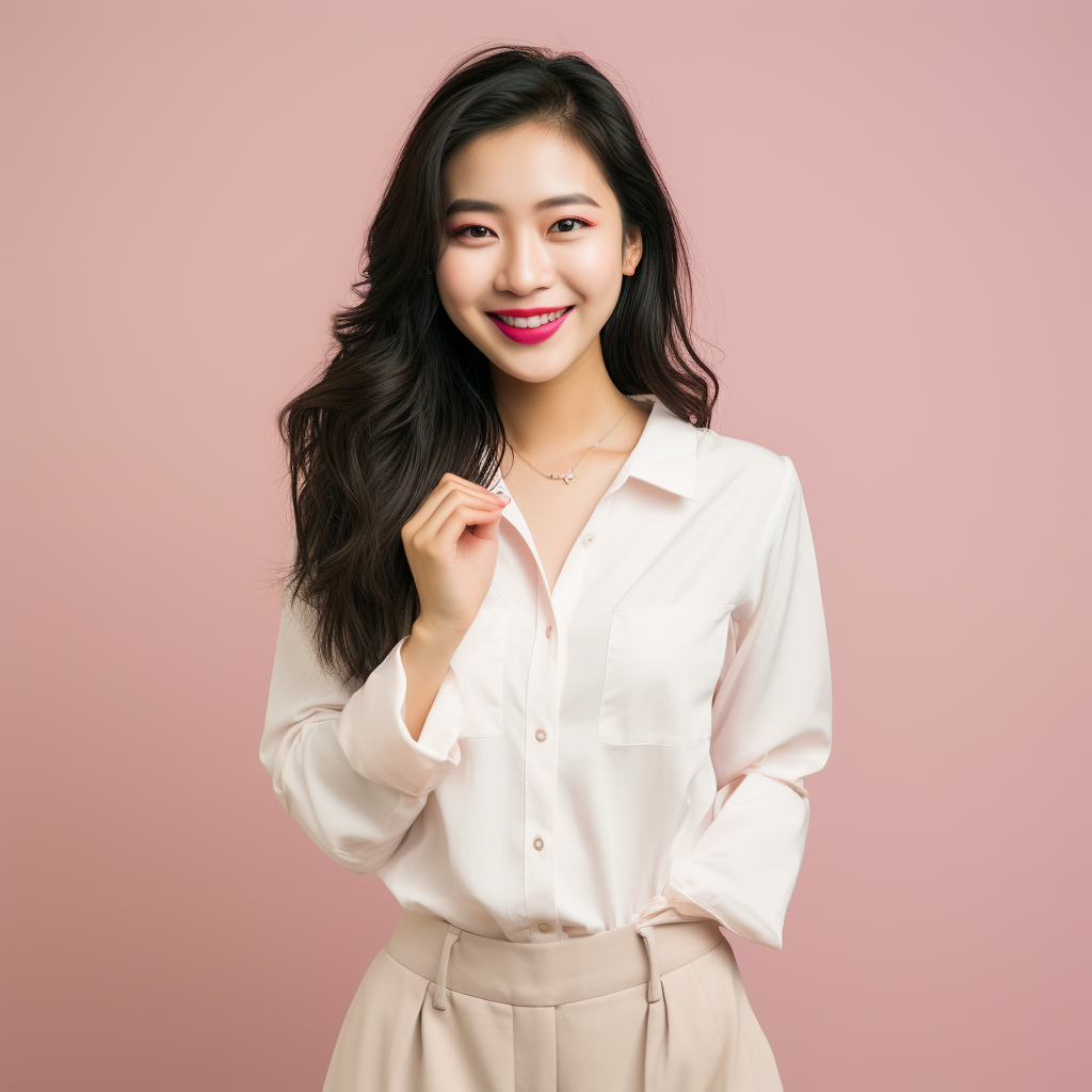 Smiling Chinese Female Designer in Cream Colored Shirt