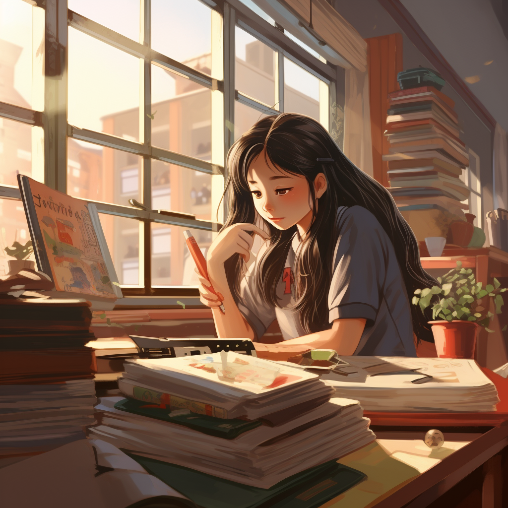 Chinese student looking out classroom window