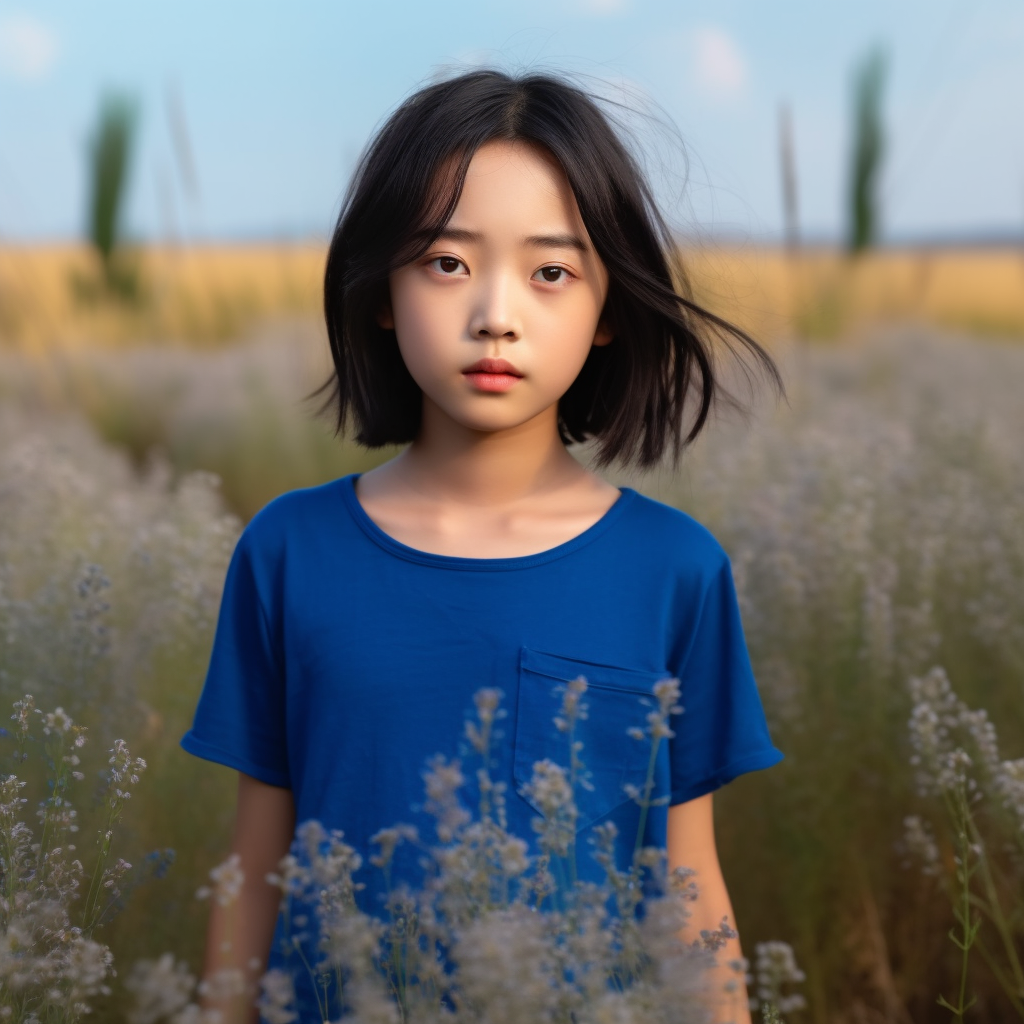 Adorable Chinese girl with dark hair and blue t-shirt