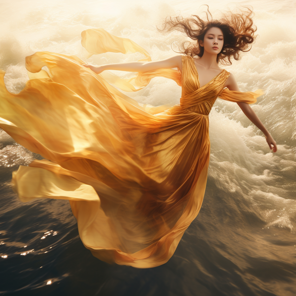 Chinese girl in a magnificent gold dress flying on water