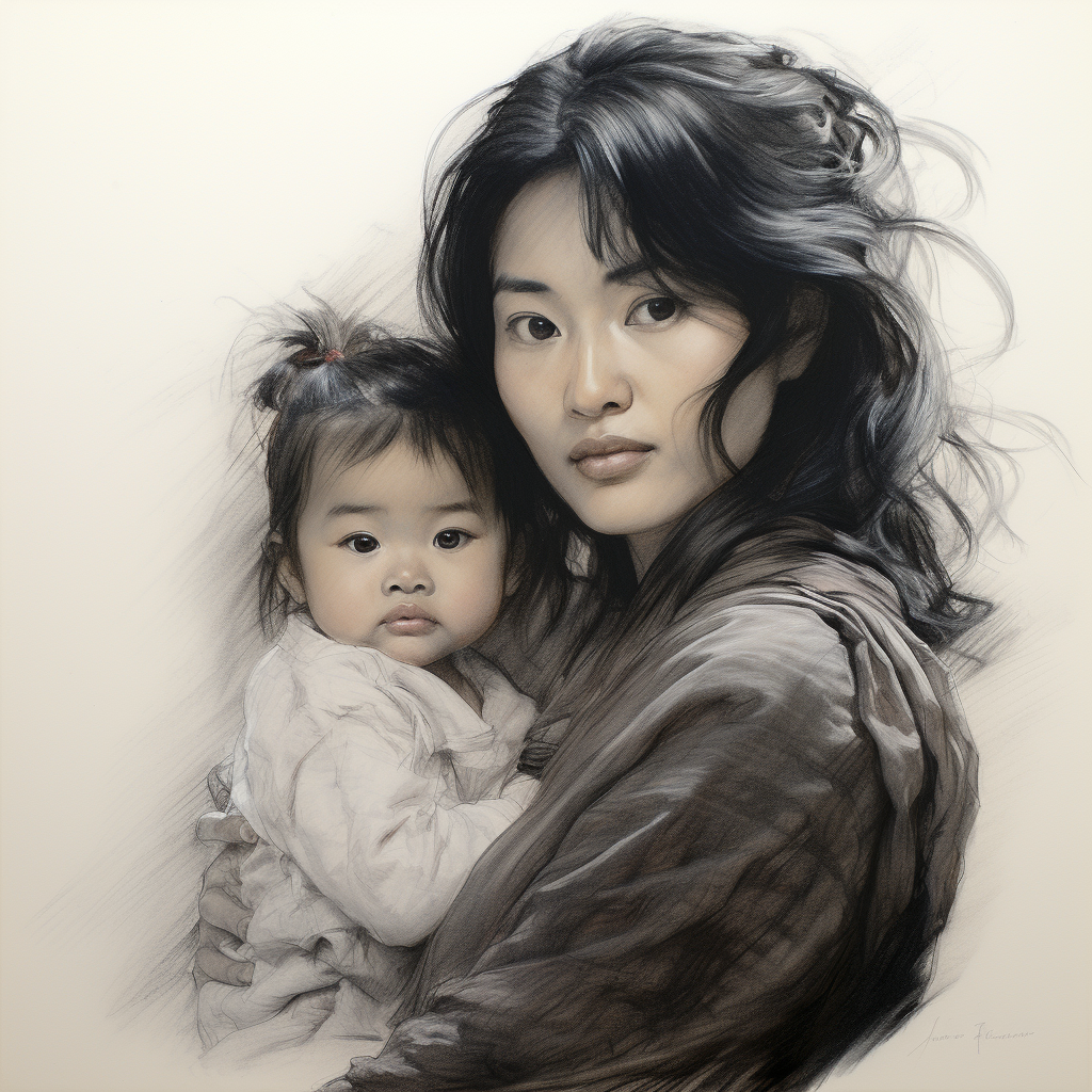 Sketch of Beautiful Chinese Girl with Baby