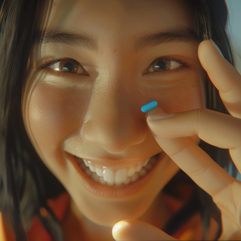 Smiling Chinese girl with blue pill