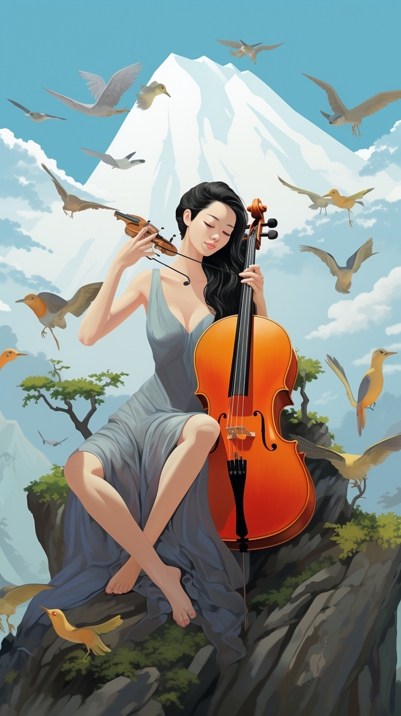 Chinese girl playing cello surrounded by birds