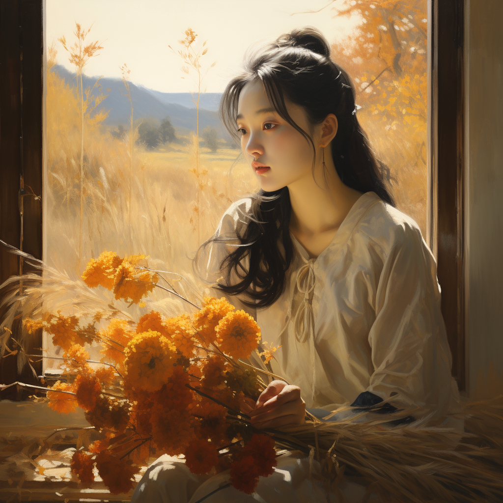 Chinese girl by window holding bouquet of flowers