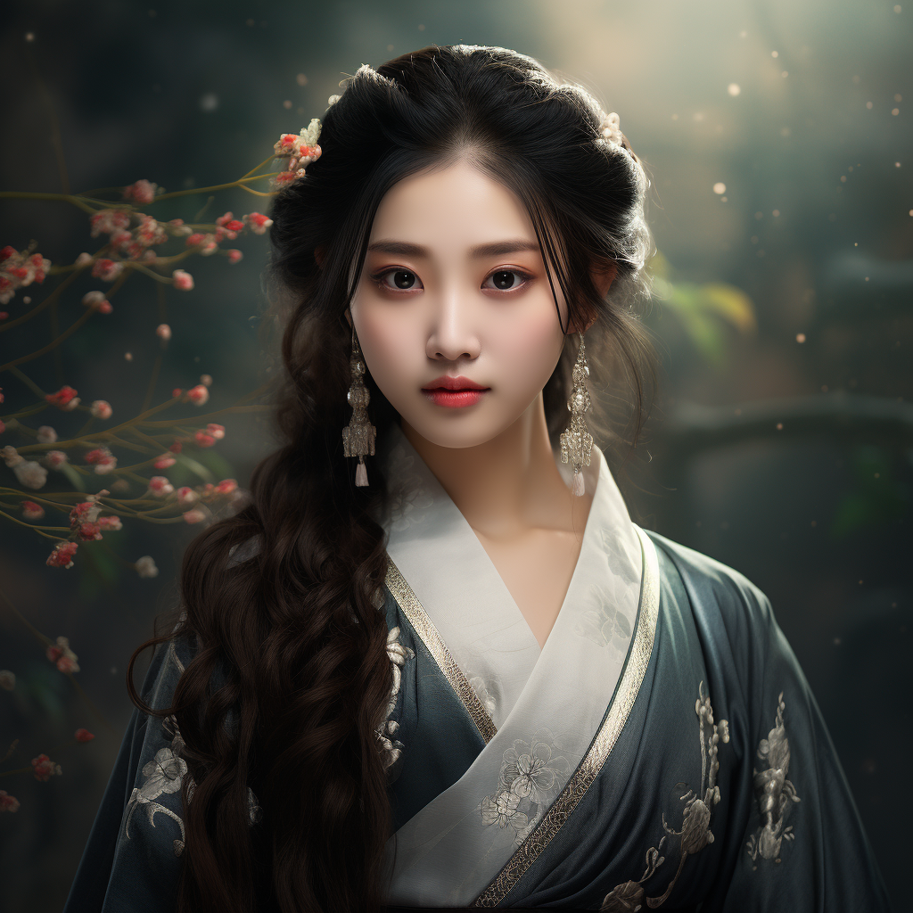 Chinese lady with long black hair in ancient clothes