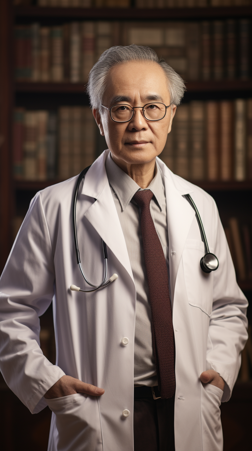 Chinese male doctor wearing white coat and glasses