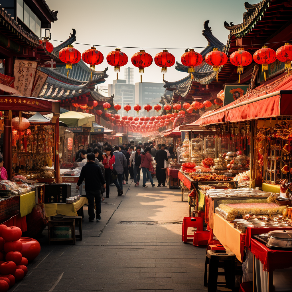 Chinese New Year Market Stalls Red Lanterns