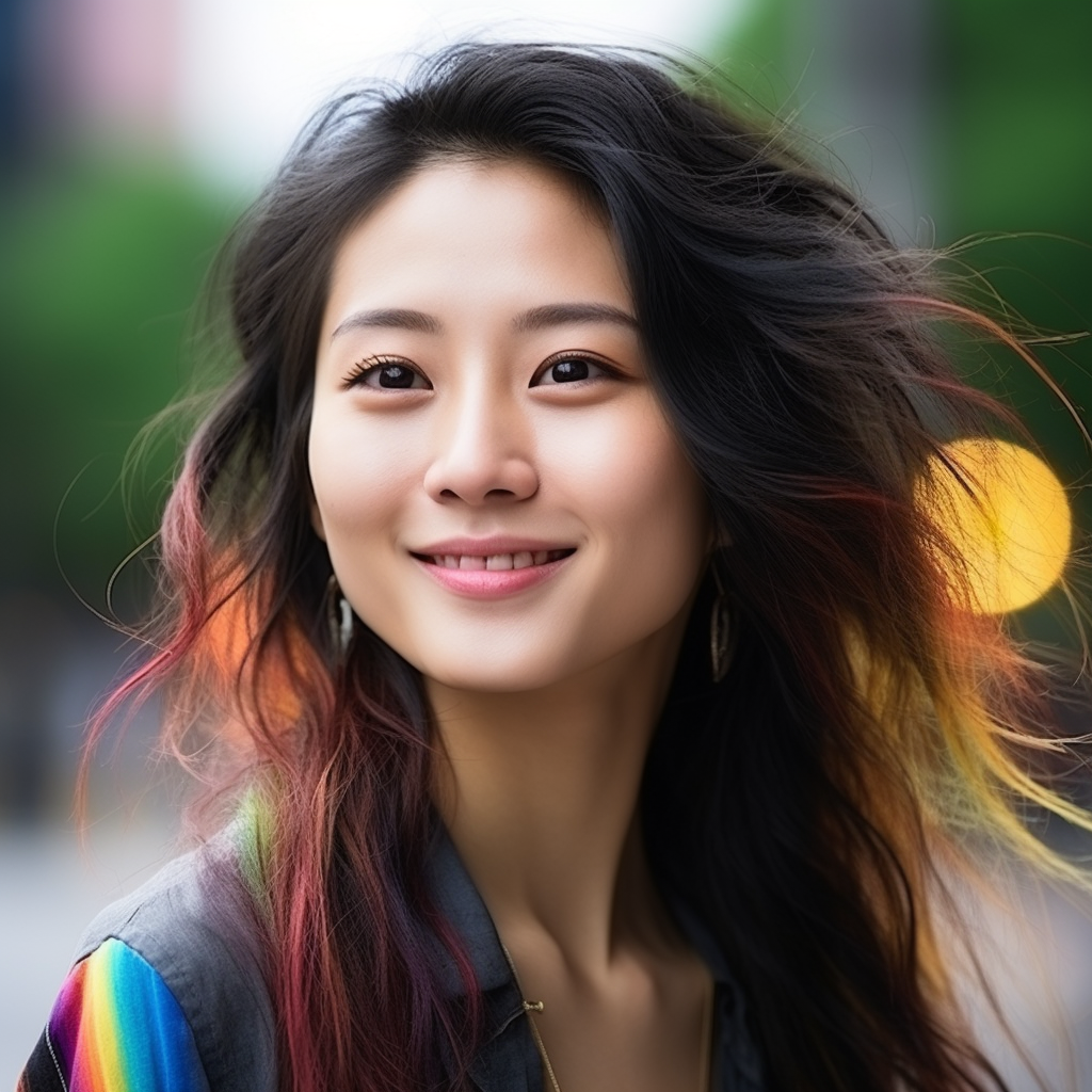 Chinese woman with freckles and rainbow highlights