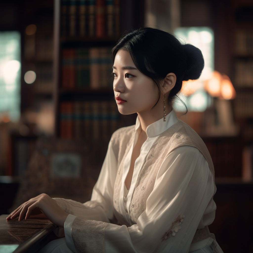 Attentive Chinese woman reading in library