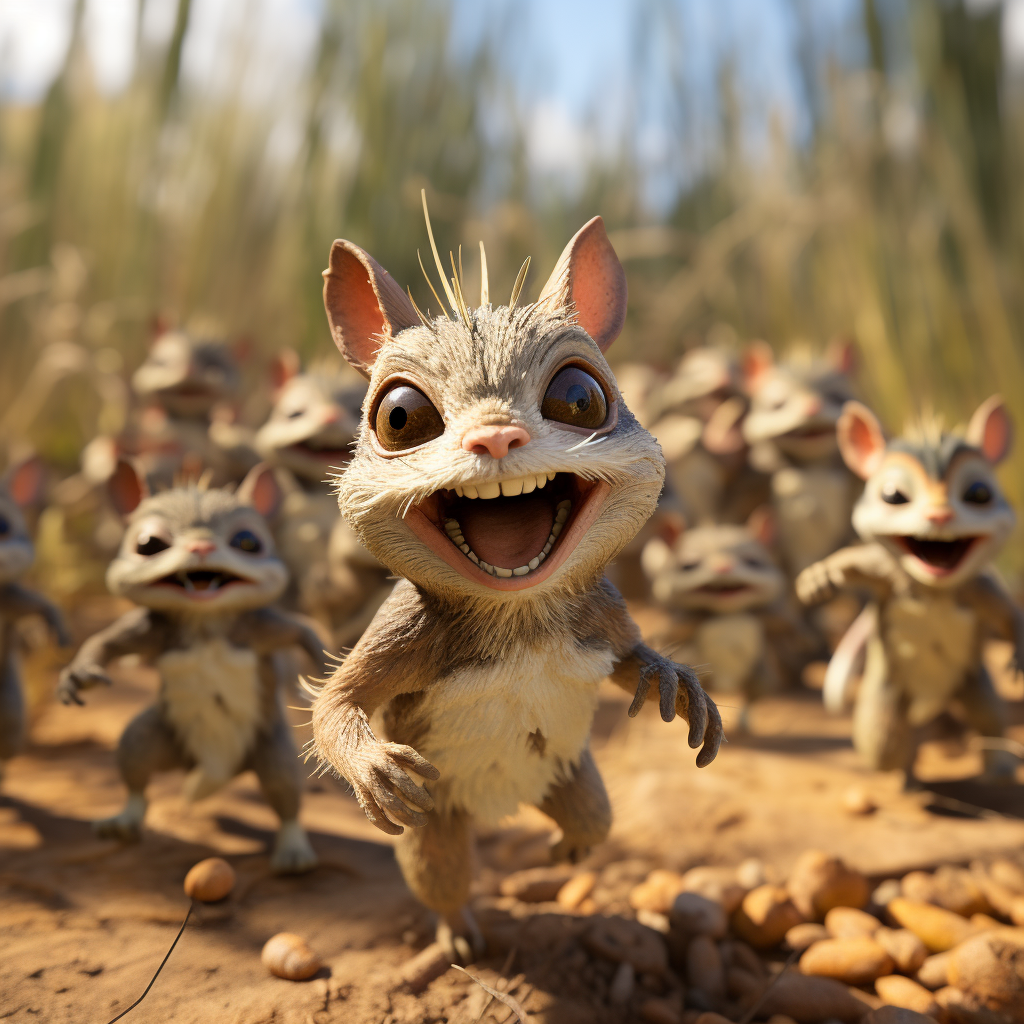 Chipmonks chasing smiling grasshoppers in savana