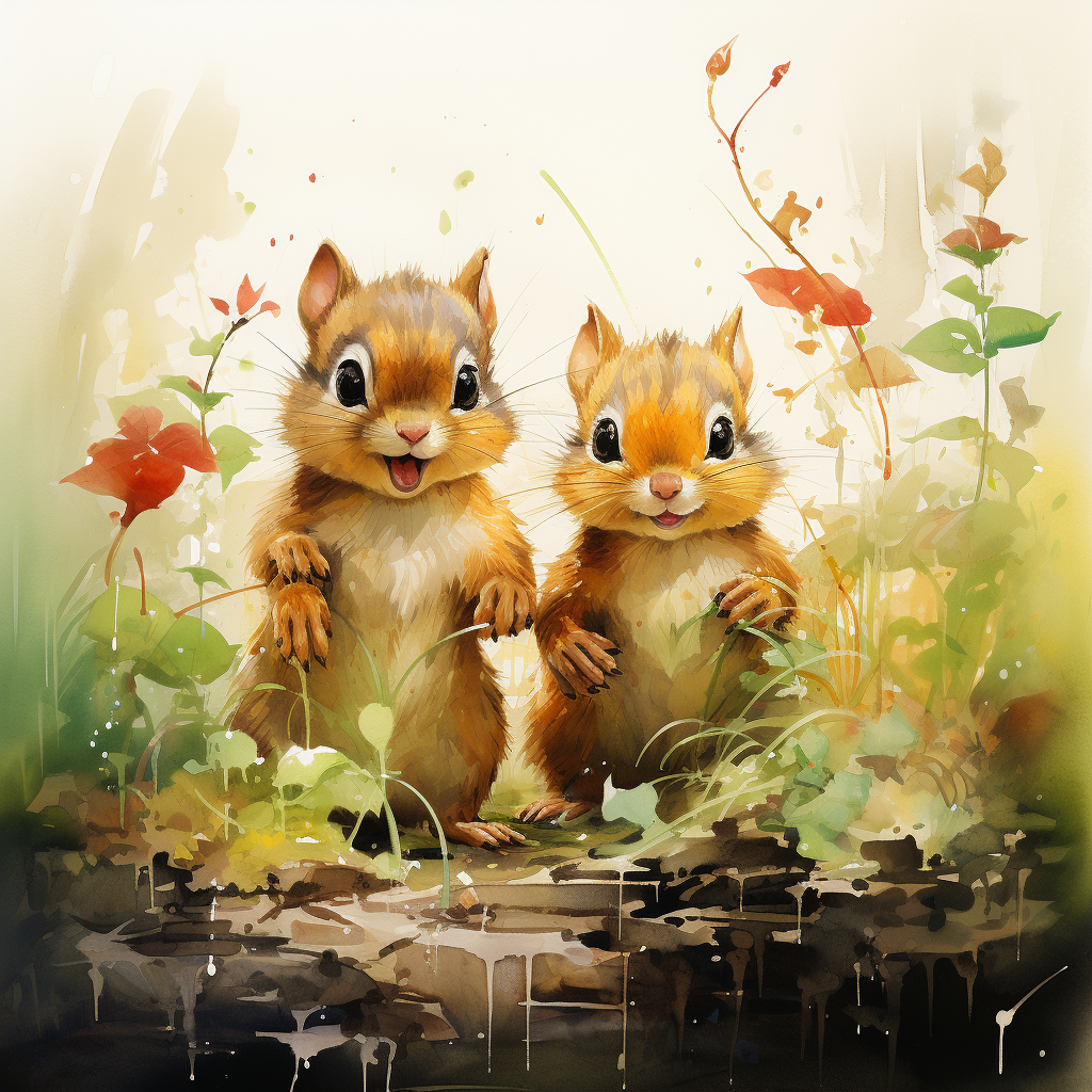 Cute chipmunks playing in watercolour