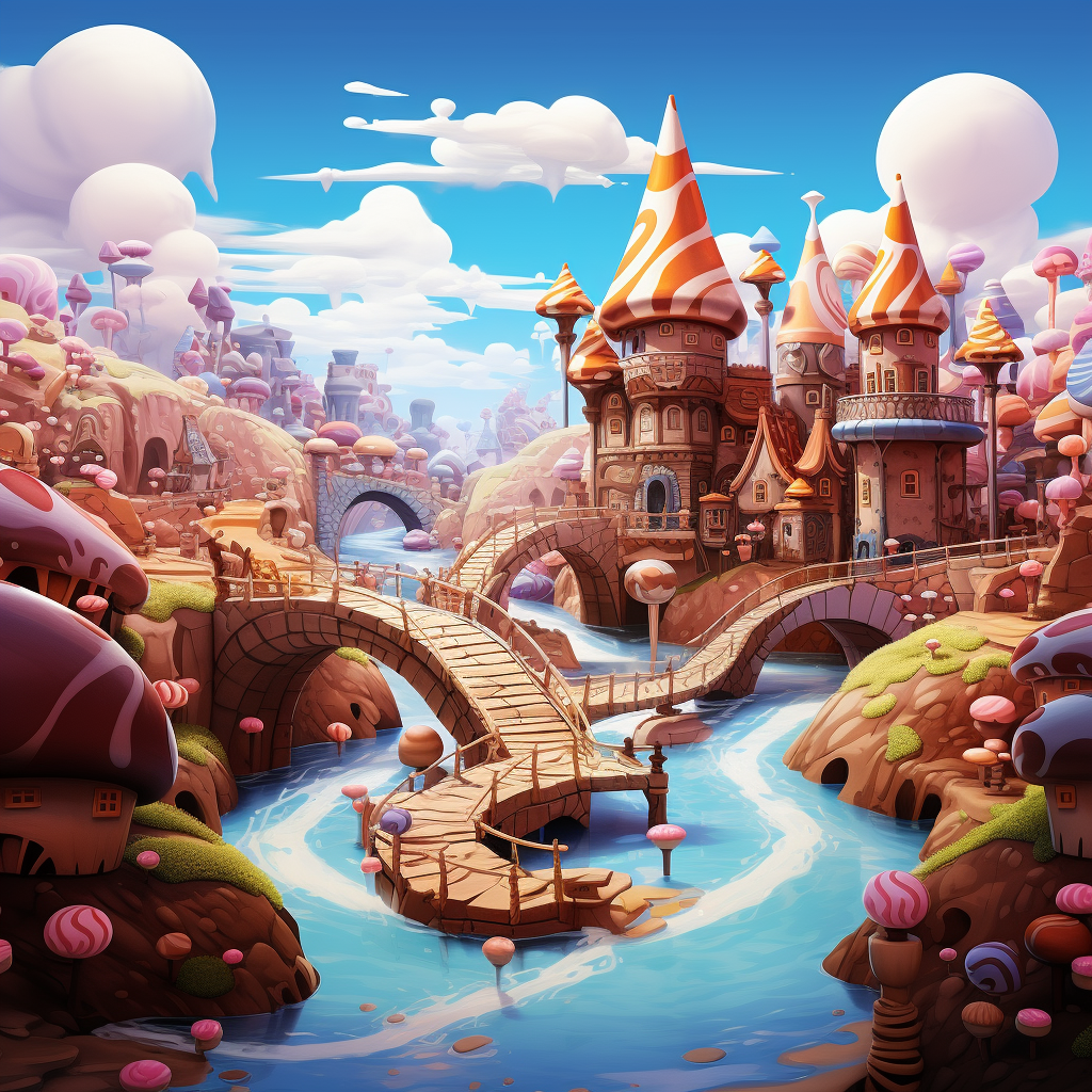 Colorful chocolate river in a dreamy fantasy land