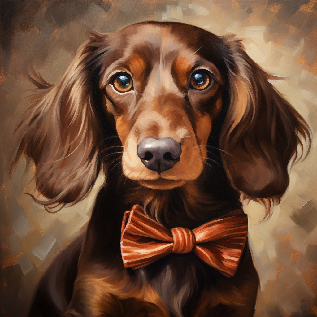 Adorable chocolate brown dachshund with a classic bow tie and cigar