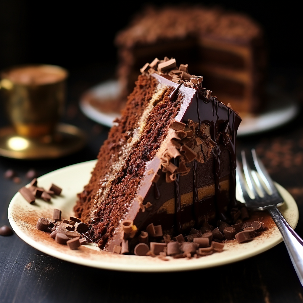 Decadent chocolate cake slice