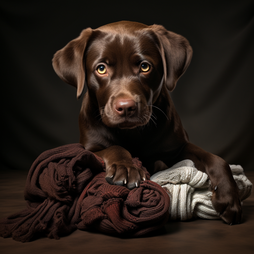 Chocolate Labrador playing with sock