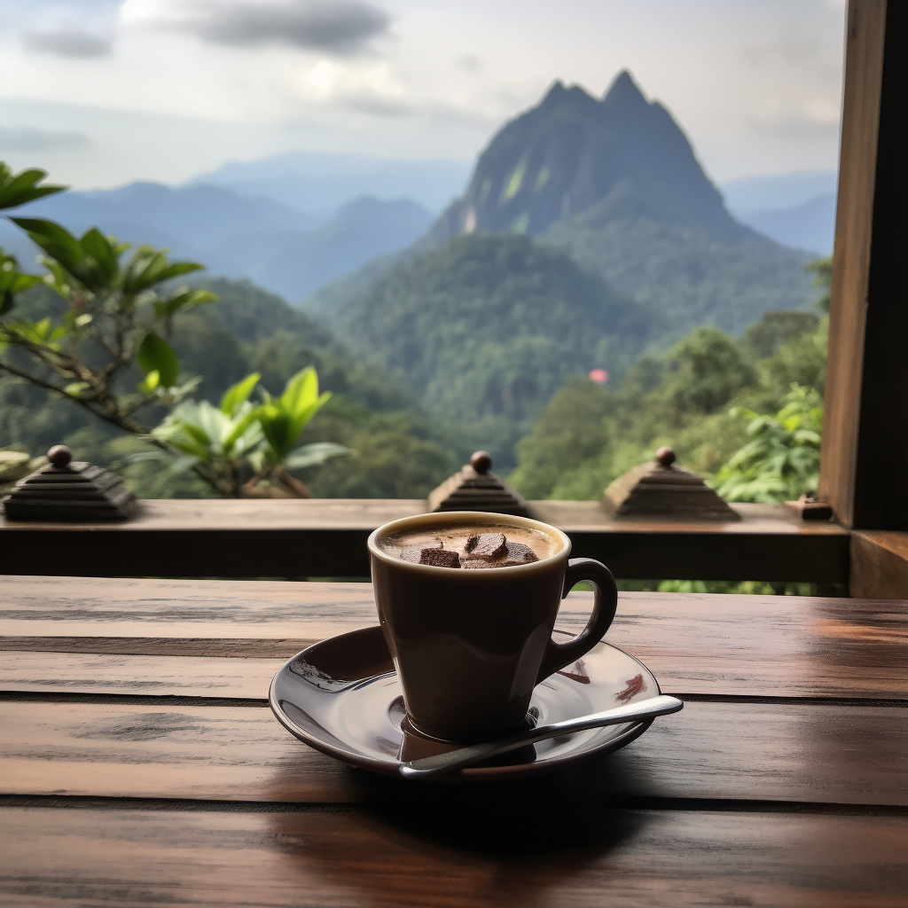 Chocolate cup on wooden table with Thailand mountain