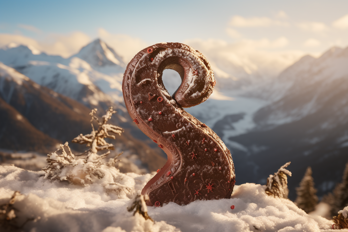 A delicious chocolate question mark in a snowy landscape